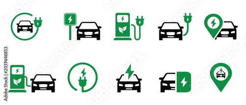 Electric vehicle charging icon set with EV station, plug, socket, hybrid and green electric cars isolated on transparent background. Vector illustration and transparent PNG.