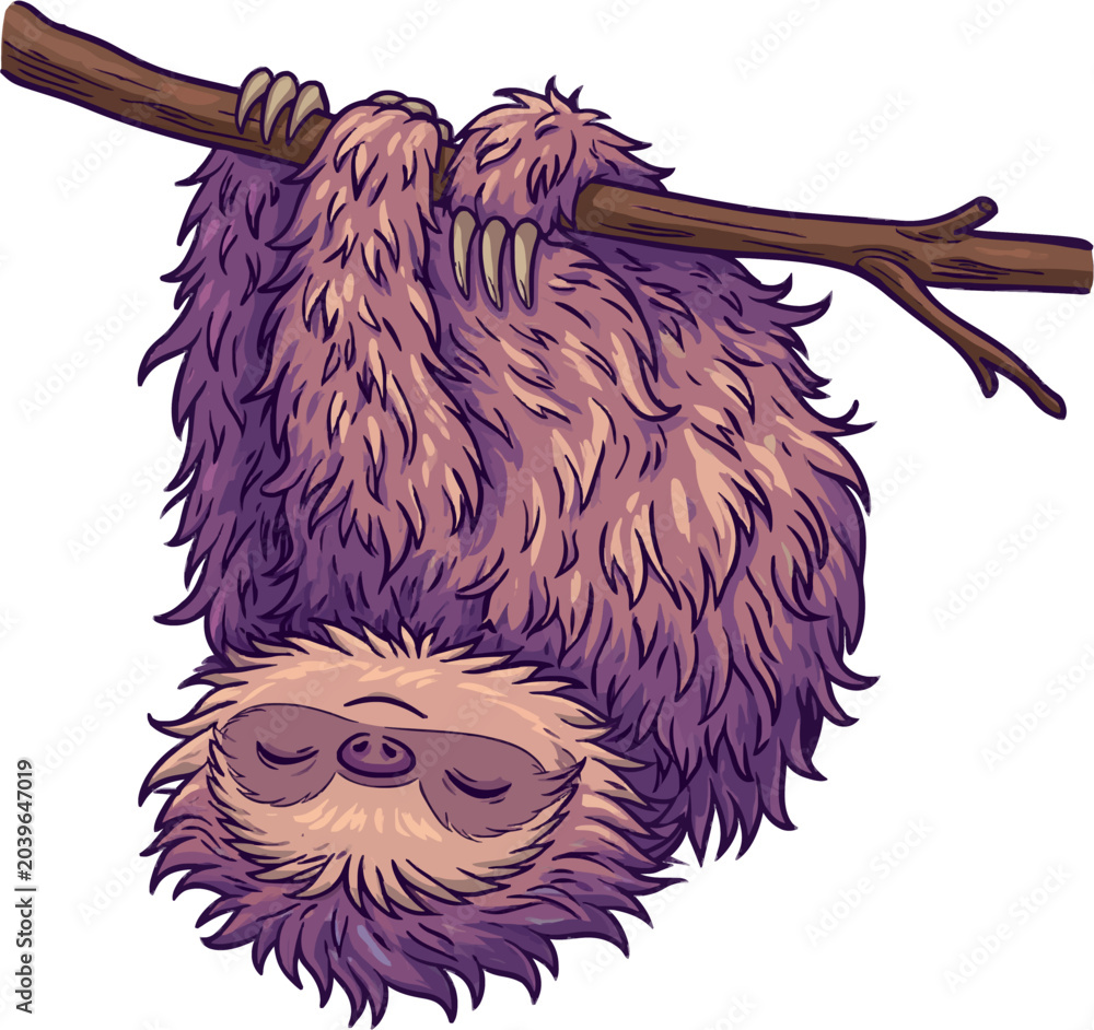 Fototapeta premium A charming, whimsical illustration of a cute brown sloth with purple fur and closed eyes, hanging upside down from a tree branch against a solid white background