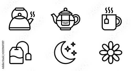 Bild auf Leinwand Tea Time Icons: Kettle, Teapot, Mug, Tea Bag, Moon, Flower, Vector Graphics