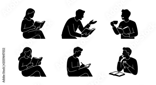Cuadro en lienzo Silhouette Figures Reading, Writing, and Drinking Coffee, Vector Set