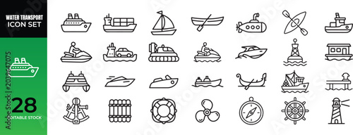 Fotografía Set of 28 marine and nautical theme thin line icons featuring ships boats and se