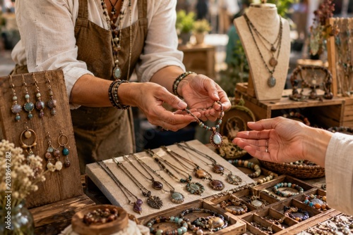 Artisan jewelry vendor in apron showcases handmade necklaces and bracelets to a customer at a market stall, surrounded by wooden displays filled with various unique accessories and natural decor
