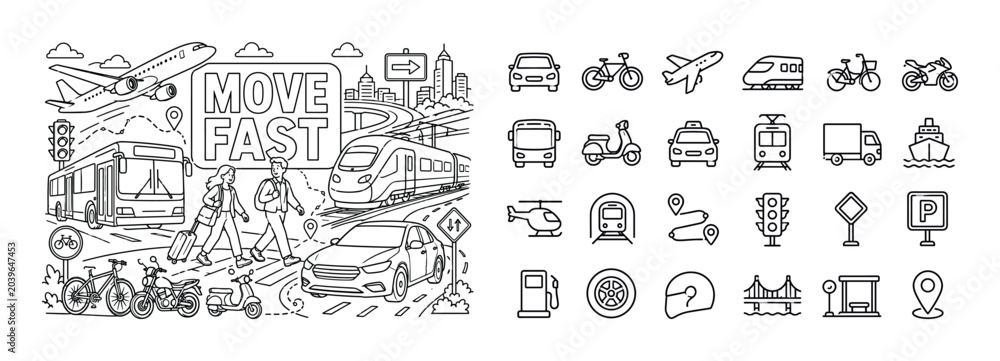 Obraz premium Transport Vehicle Network. Banner line art composition featuring a transportation network scene spread across the full canvas, two commuters moving between an oversized bus and large train, oversized