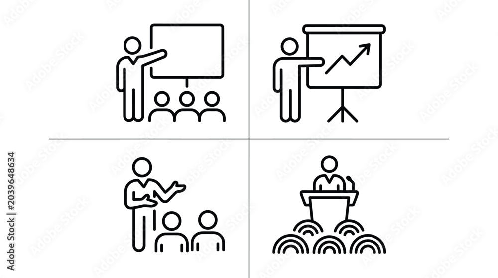 Fototapeta premium Professional business presentation icons showing a speaker teaching an audience with charts and growth graphs