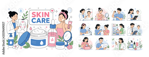 Skin Care Set. Clean editorial banner scene about cosmetics, cream, lotion, skincare, dermatology, facial care, serum, cleanser, and beauty with one oversized cream jar and serum bottle stretching