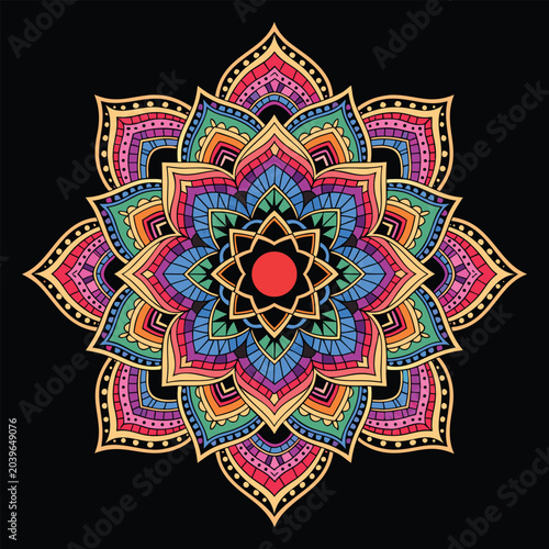 Colorful Luxury Mandala Flower Design on Black Background – Intricate Sacred Geometry Ornament, Bohemian Floral Pattern, Decorative Meditation Art Illustration.