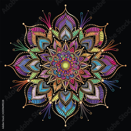 Colorful Luxury Mandala Flower Design on Black Background – Intricate Sacred Geometry Ornament, Bohemian Floral Pattern, Decorative Meditation Art Illustration.