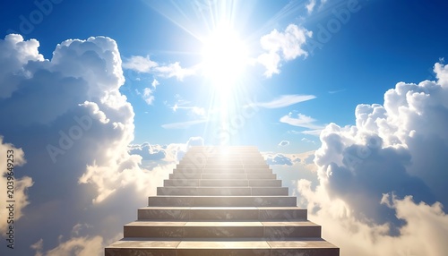 A staircase leads to a bright light in the sky