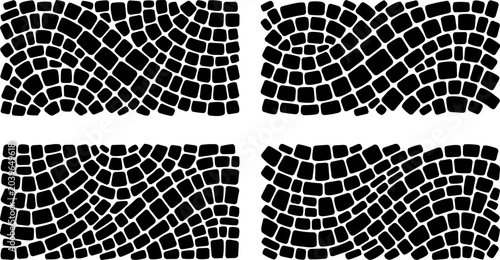 Detailed vector illustration featuring repeating patterns of black cobblestone bricks arranged in wavy organic shapes