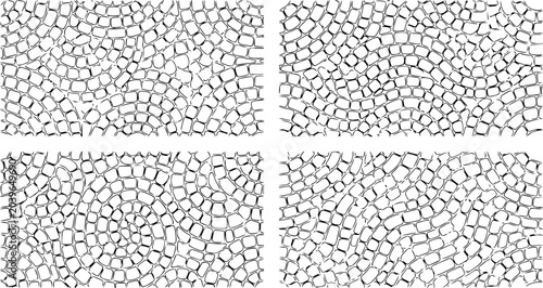 Abstract vector graphic illustration featuring repeating patterns of small stone pavement blocks in monochrome black white