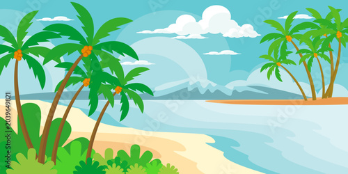 
Illustration of a beach with coconut trees in a flat style. Illustration of a summer atmosphere on the beach.