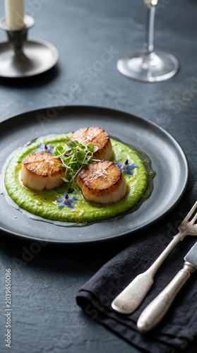 Gourmet seared scallops with pea puree and microgreens