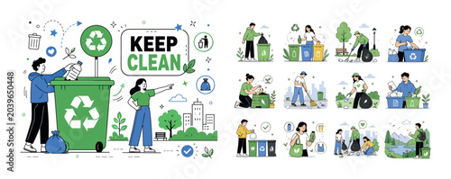 Keep Clean Recycling banner. One character placing trash into oversized recycling bin with recycling symbol, another pointing to clean area, large recycling bin and sign dominate scene, small leaves