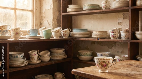 Beautiful floral porcelain teacup stands on wooden table inside nostalgic antique shop kitchen