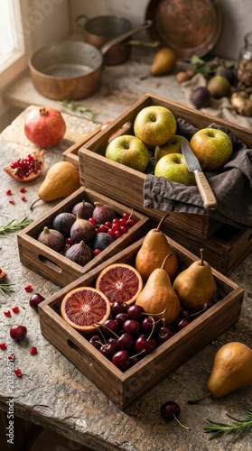 Assortment of fresh fruits in rustic wooden crates