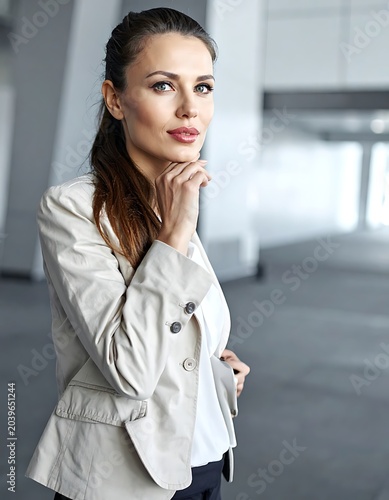 A woman in a beige blazer stands thoughtfully in a modern space