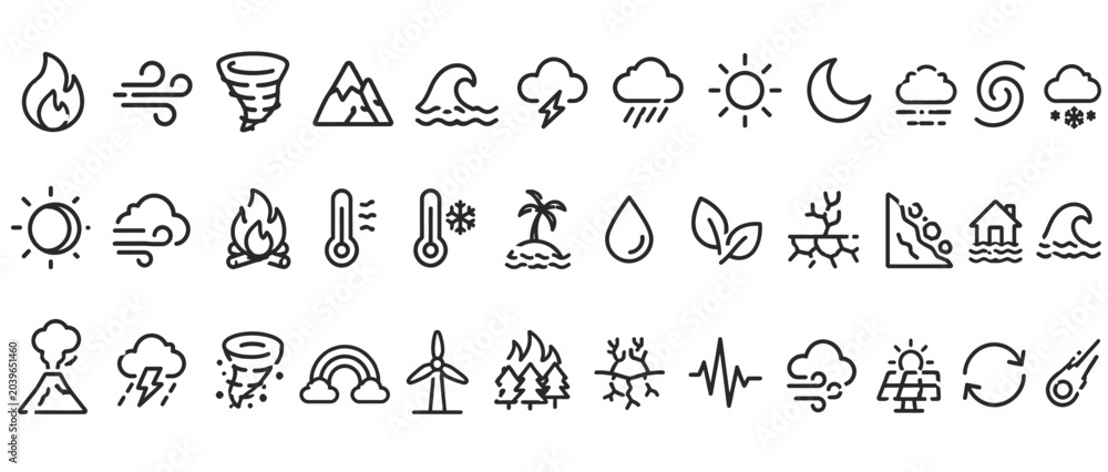 Obraz premium Natural disaster and weather phenomena icon web vector collection.