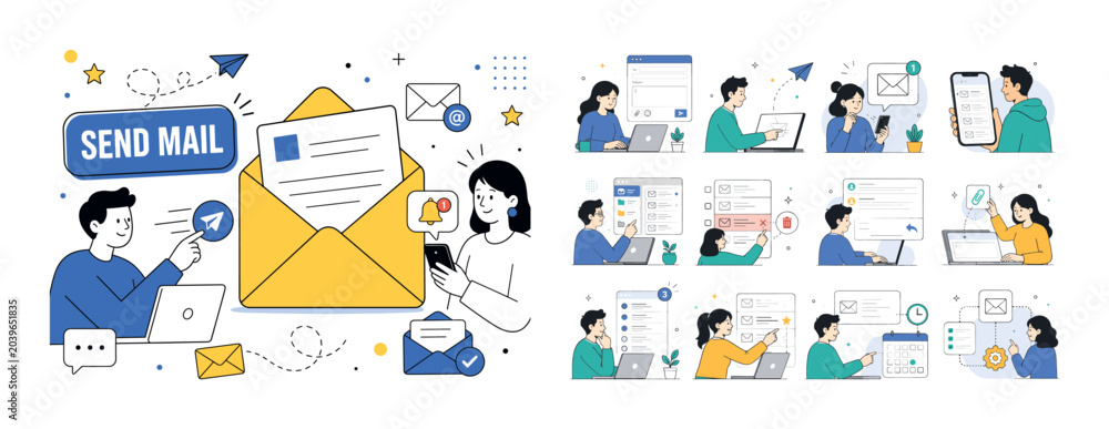 Fototapeta premium Mail Communication Email banner. One character sending message with oversized envelope, another receiving notification, large envelope dominates scene, small message icons lines and alerts filling