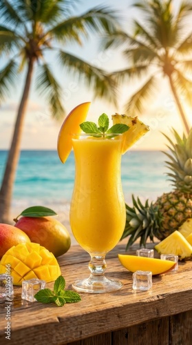 Tropical mango pineapple drink on rustic table at beach