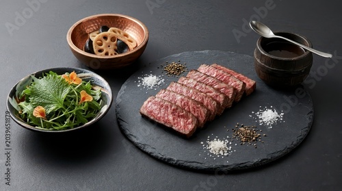 Sliced Wagyu Beef Steak with Salad and Lotus Root