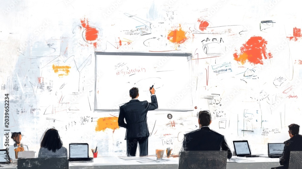 Obraz premium Businessman writing on a whiteboard during an office presentation meeting. Explaining a new project to his colleagues who are taking notes on their laptops. With scribbles and notes all over the wall