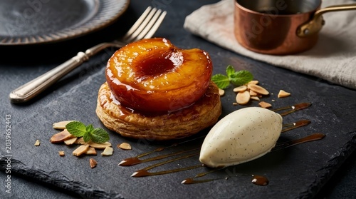 Caramelized peach tart with vanilla ice cream and almonds