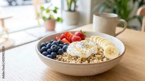 Healthy breakfast bowl with quinoa fresh fruit and yogurt
