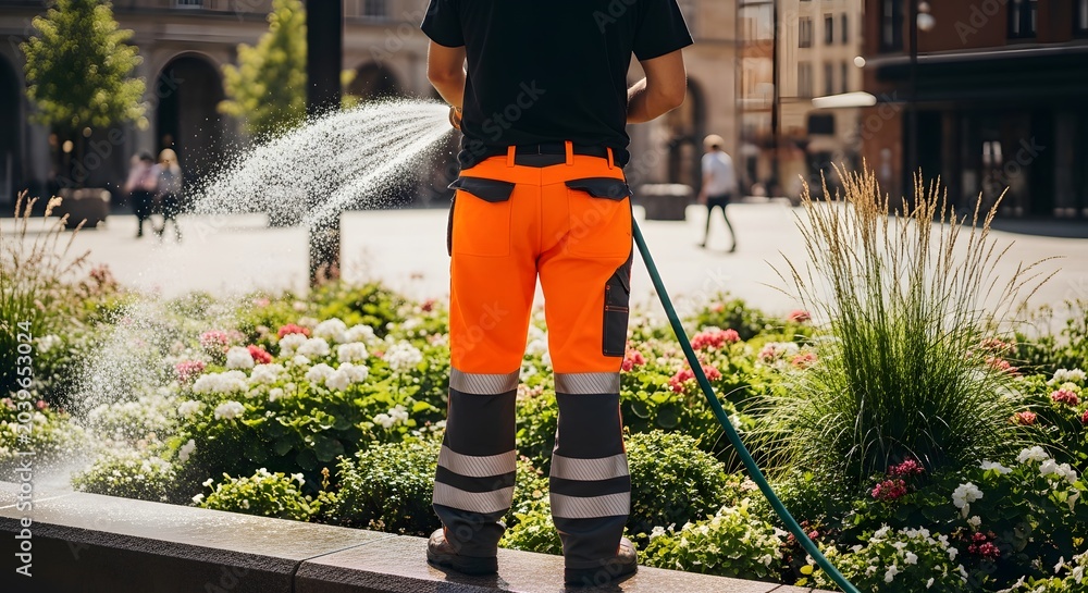 Obraz premium Gardener watering flowers in urban flowerbed