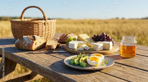 Rustic picnic spread with bread cheese and healthy food outdoors