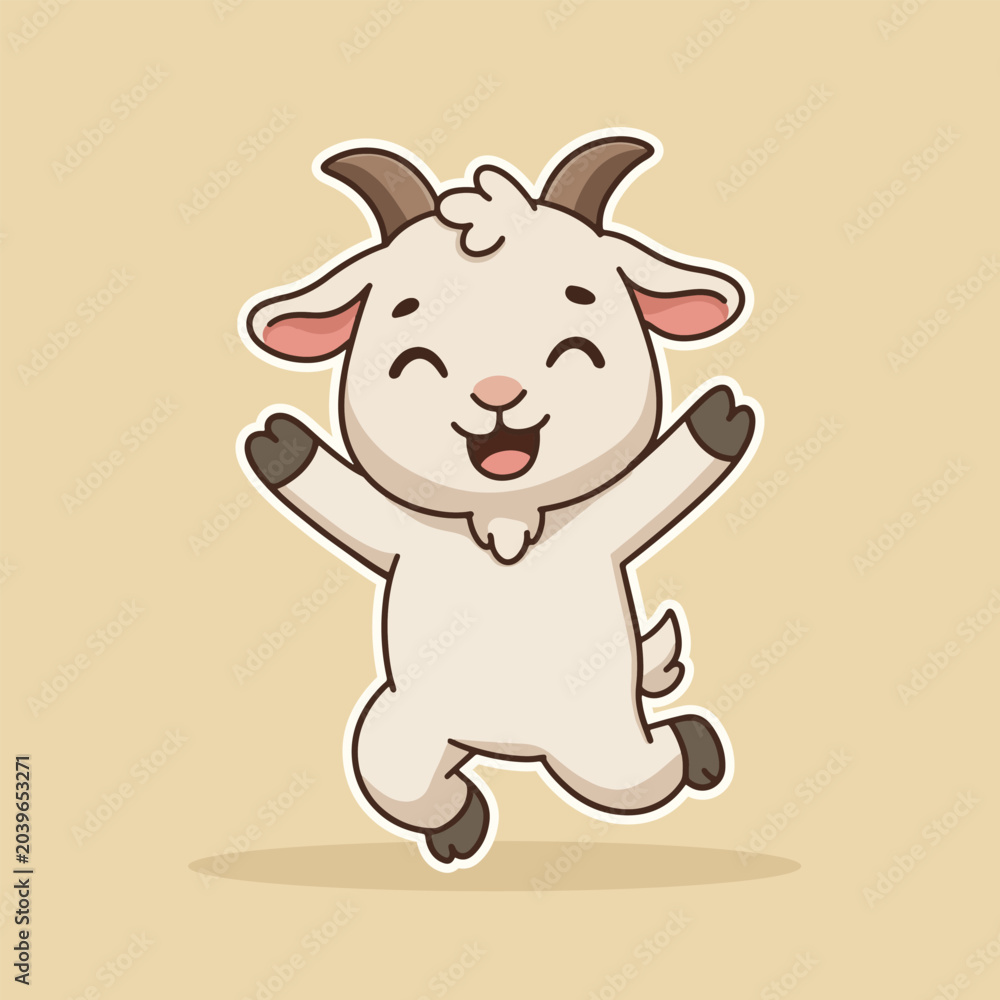 Fototapeta premium Excited Cheering Baby Goat Character Sticker Illustration