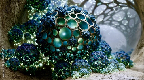 Exploring a strange and colorful abstract alien structure in a digital space filled with bubbles and glowing lights