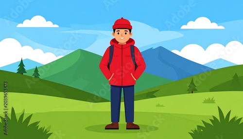 Young Male Hiker Standing in Green Mountain Landscape Under Blue Sky