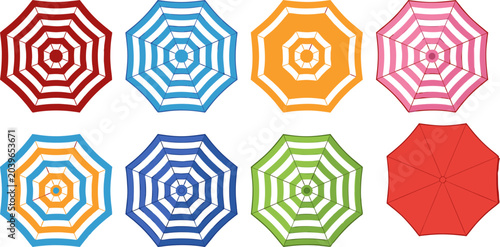 Beach umbrella top view collection featuring colorful summer parasol icons for sun protection on sandy shores and poolside leisure activities including vector patterns for ilustration.