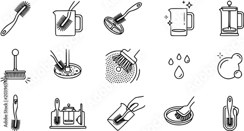 Принти на полотні Cleaning Brushes and Household Utensils Line Art Icons Set