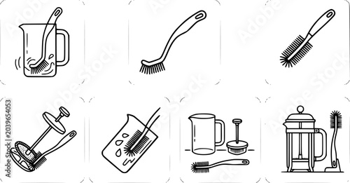 фотографія Black and White Line Art Icons of Cleaning Brushes and French Presses for Kitche