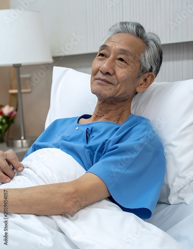 An elderly man lies in a hospital bed