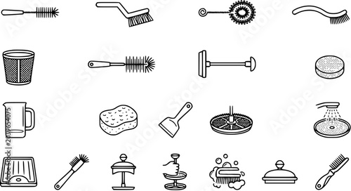 Foto Black and White Line Art Icons: Household Cleaning, Kitchen Utensils, and Person
