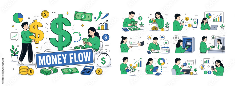 Fototapeta premium Dollar Money Finance banner. One character holding oversized dollar symbol, another counting cash, large dollar sign dominates scene, small coins bills and arrows filling edges, bold uppercase text