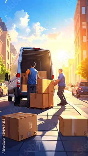Two men loading boxes into a van on a city street