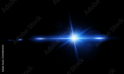 Glowing blue flare laser, Light blue effect reflections, neon beam over dark abstract background, shine speed flash of light, and sparks