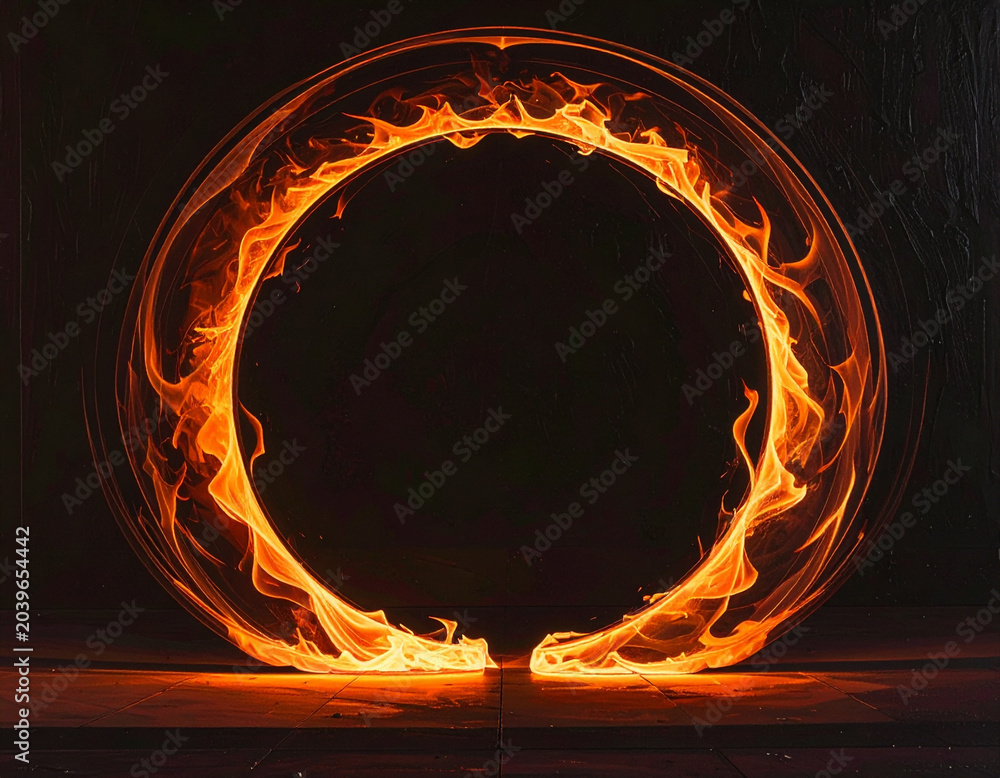 Fototapeta premium Fiery ring of flames glowing in darkness