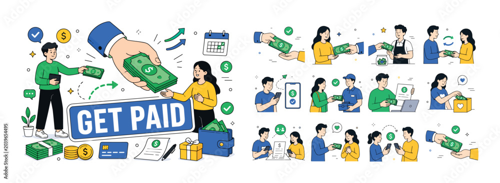 Naklejka premium Hand Holding Money banner. One character receiving money from oversized hand holding dollar, another giving payment, large hand with money dominates scene, small coins arrows and symbols filling