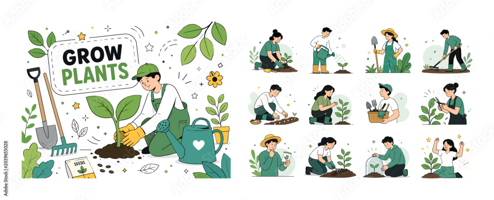 Fototapeta premium Gardening Plant Care. Clean editorial banner with one main gardening scene: a geometric gardener planting an oversized sprout beside a large watering can, with shovel, rake, seed packet, leaf, dots,
