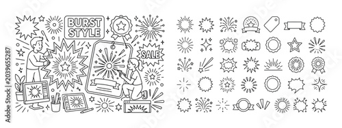 Sunburst Graphic Emblems. Clean outline line art banner of sunburst graphic emblems: two designers arranging an oversized starburst emblem and a giant firework logo tag spread across the full canvas,