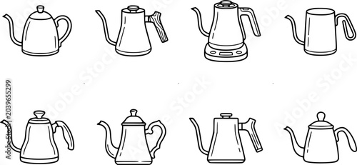 Foto Food  Beverage Gooseneck Kettles and Teapots Line Art Icons Set