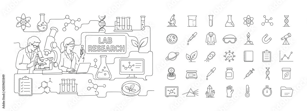 Naklejka premium Science Laboratory Research. Clean one-line drawing banner composition showing two researchers beside an oversized microscope and beaker, lab bench and molecular path reaching all four edges with