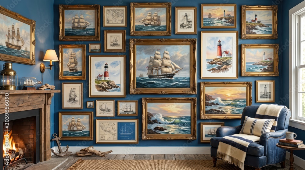 Naklejka premium Wall of framed maritime paintings hung above fireplace with armchair rug and nautical decor in cozy living room interior