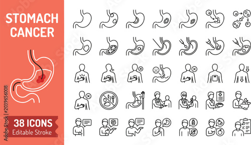 Canvastavla Stomach cancer line icons set for oncology