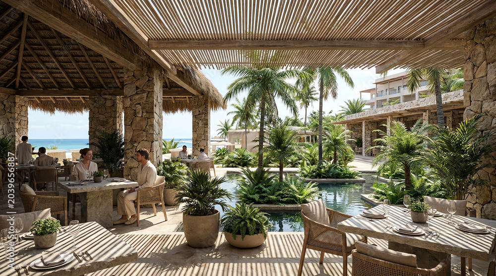 Fototapeta premium Tropical resort hotel with lush garden, palm trees, outdoor patio furniture, poolside area and seaside vacation atmosphere