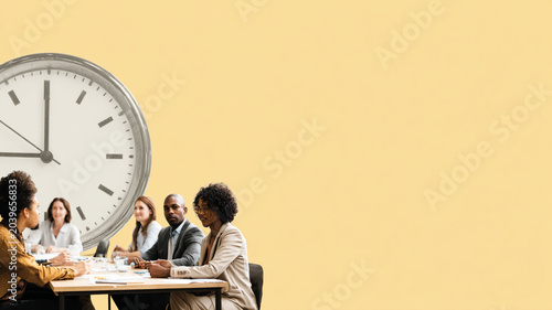 Diverse group of professionals engaged in project meeting focused on deadlines, with large clock symbolizing time management. setting is collaborative and business oriented